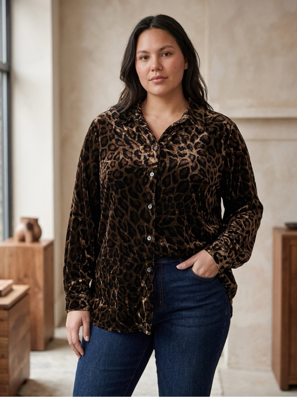 Vintage Denim & Co Velvet Leopard Print Button Down Shirt Sz 2X Y2K Oversized